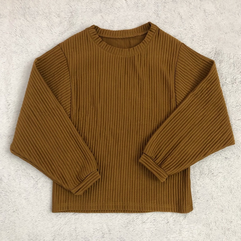 Camel Lantern Sleeve Ribbed Sweatshirt